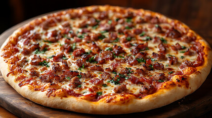 Delicious Homemade Meat Lovers Pizza on Wooden Board