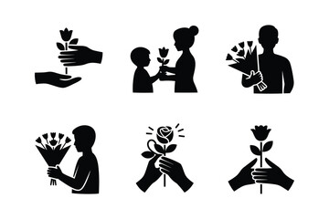 Giving flowers to loved ones and holding plants silhouette bouquet