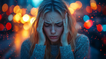 Stressed Young Woman with Headache in City at Night