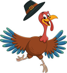 Thanksgiving Turkey in Pilgrim Hat: Festive and Friendly Cartoon Character - Vector Illustration