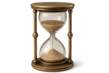 Vintage hourglass with cascading sand, symbolizing time's continuous flow against clear minimalist backdrop