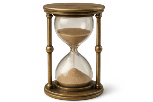Vintage hourglass with cascading sand, symbolizing time's continuous flow against clear minimalist backdrop
