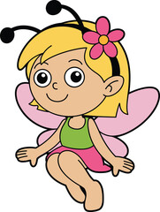 Cute Cartoon Butterfly Fairy Girl Character with Antennae and Pink Wings, Adorable Whimsical Fantasy Creature Illustration, Children's Design Element, Vector Art, Digital Drawing