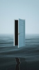 A surreal door standing open atop calm water.