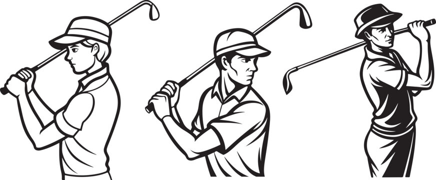 Golfer in a hat swinging a club in a stylized black and white illustration
