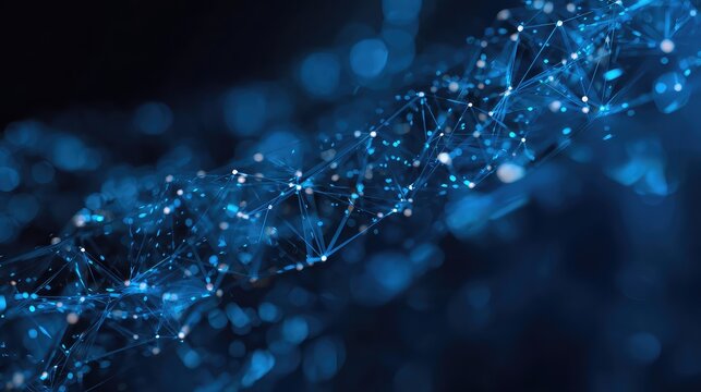 Abstract concepts of cybersecurity technology and digital data protection. Protect internet network connection with polygons, dots and lines with dark blue background, center focus, side blur.