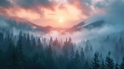 Mist-veiled forest at sunrise. Pine trees meet the sky in layers of soft light and atmospheric haze.
