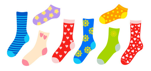 Warm knit socks set cozy autumn or fall clothes doodle hand drawn illustration, woollen or cotton footwear with various ornament, fashionable trendy accessory for seasonal themed design, decor