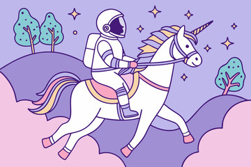 Fototapeta premium An astronaut rides a unicorn through a magical cartoon realm filled with anime wonder and fantasy, modern flat illustration style
