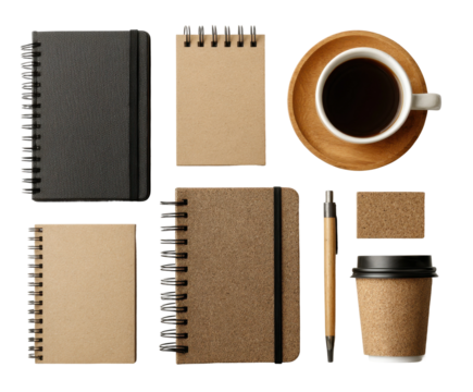 Creative workspace setup with notebooks and coffee in minimalist style. Isolated on transparent background, png.