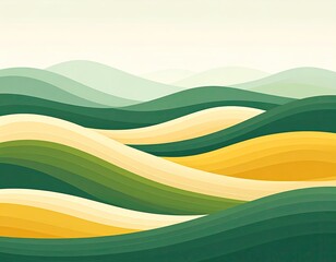 Rolling hills under a pale sky, layered vector curves with gradients from green to gold — minimalist countryside scene
