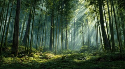 Naklejka premium Sunlight streams through a dense, mossy forest.