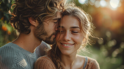 Couple in embrace: Man whispering to smiling woman, natural light. Captures love and shared intimacy.
