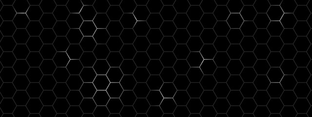 Abstract background with shimmering hexagonal patterns. Black background, banner for web design, landing page, headers, banners, presentations, book covers, brochures, flyers and wallpaper