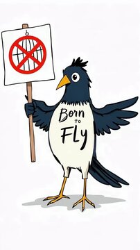 Blue Bird with protest sign against cages &ndash; Ave azul con cartel contra las jaulas