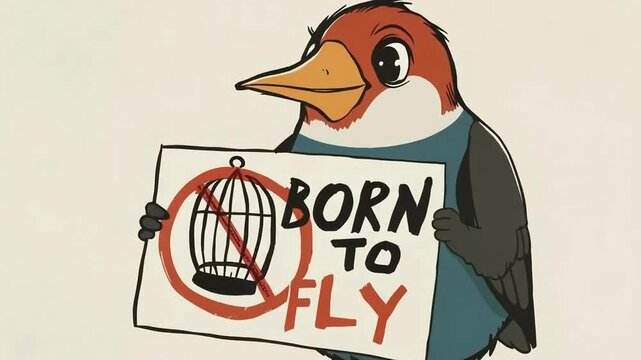 Bird with protest sign against cages &ndash; Ave con cartel contra las jaulas