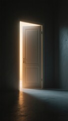 An open door revealing warm light in a dark setting.