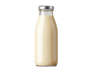 Indoor food photography fresh milk poured into glass bottle. Isolated on transparent background, png.