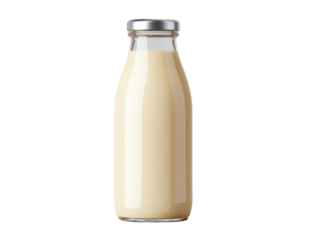 Indoor food photography fresh milk poured into glass bottle. Isolated on transparent background, png.