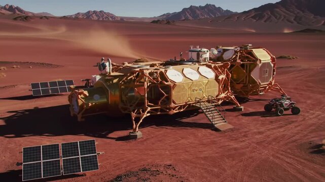 Lunar base on a red sand planet landscape exploration vehicles
