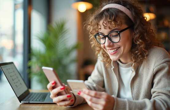 Young woman happily shops online at cafe using smartphone and credit card. She sits at table with laptop, makes mobile payment. Lifestyle scene of digital e-commerce and modern technology.
