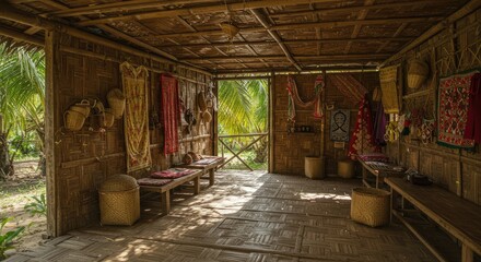 A rustic interior of a traditional bamboo hut. Sunlight streams through an open doorway, illuminating the woven interior.  Various woven goods hang and are displayed