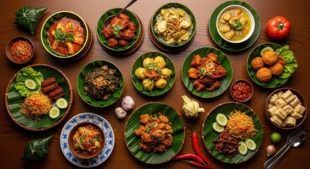 A vibrant overhead view showcasing an assortment of Indonesian dishes, meticulously arranged on a wooden surface.