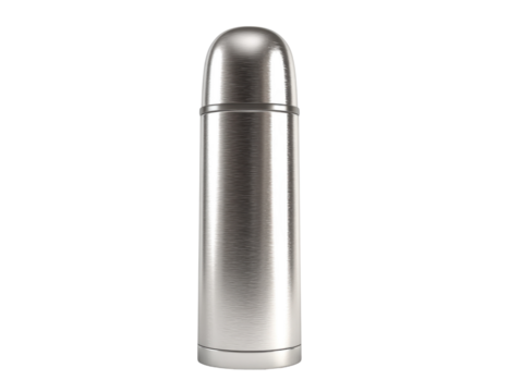 Insulated stainless steel thermos modern kitchen product photography. Isolated on transparent background, png.