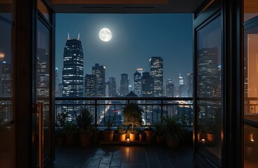 Urban balcony at night showcases illuminated skyscrapers under full moon. City lights glow on modern high-rise buildings and cityscape. Plants on balcony enhance view of expansive urban horizon.