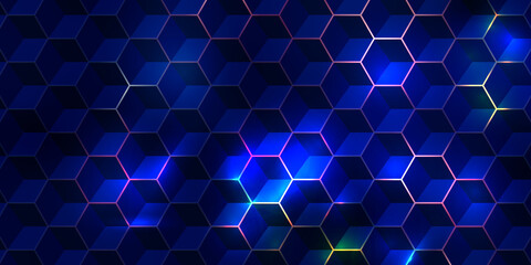 Abstract geometric background featuring a hexagonal grid of illuminated cubes, for data...