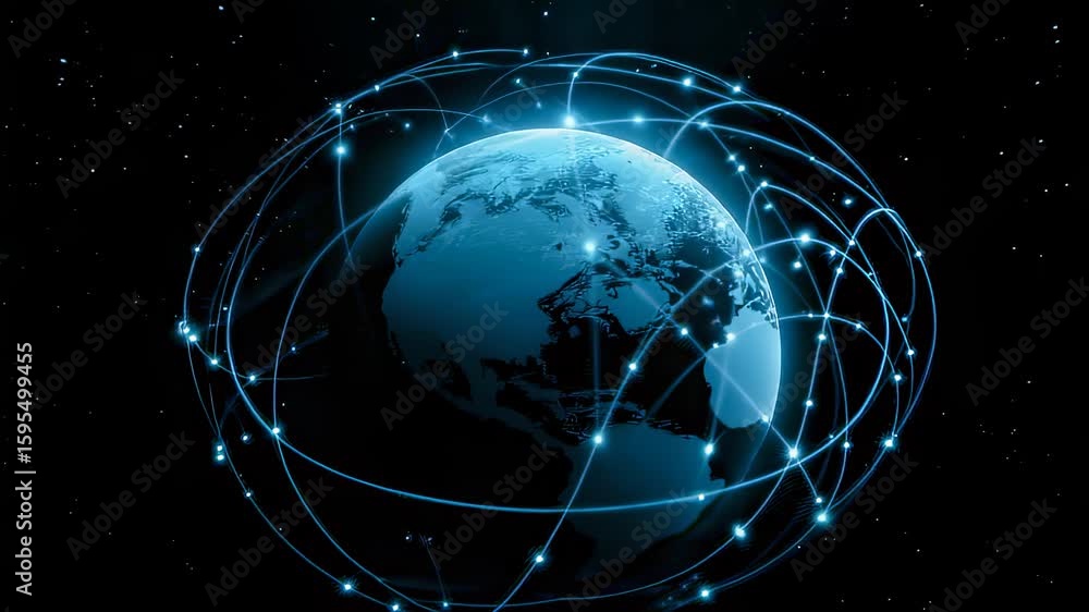 Poster global network visualization of earth with glowing connections in space
