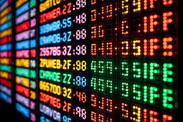 Fototapeta premium Bright electronic ticker display showing stock market data at a financial district location during busy trading hours