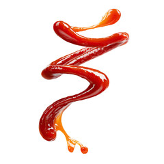 Wavy spiral of tomato sauce in motion, isolated on transparent cutout background