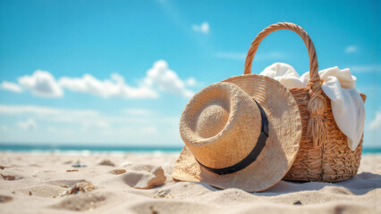 Beach Day Essentials: Woven Basket and Straw Hat on Sandy Shoreline