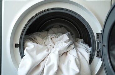 Close-up of white crumpled bedsheets inside modern tumble dryer drum. Clean linen indicates completed laundry cycle for domestic household chores. Focus on fabric care, hygiene, appliance technology