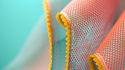 Close up abstract view of textured fabric with zigzag edge details creating a vibrant and colorful textile design pattern