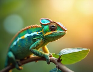 Close-up of vibrant chameleon perched on tree branch. Small reptile displays bright green, blue, yellow colors. Unique skin texture, patterned scales. Nature, wildlife, exotic pet themes.