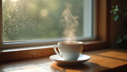 Steaming cup of hot coffee on saucer. Raindrops on window pane. Morning light creates cozy atmosphere indoors. Relaxing break with warm beverage, caffeine, and gentle aroma.
