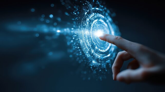 Hand touch digital hud interface futuristic technology background of virtual computer screen display ui future concept or cyber communication hologram and innovation internet system on vr cyberspace.