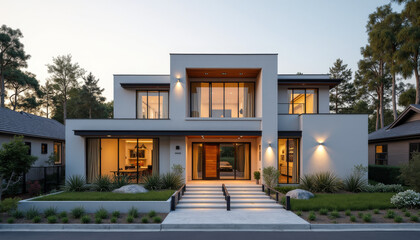 Fototapeta premium Modern Architecture, Contemporary Home, Residential Area, Photo, Exterior, Evening, Minimalist Design
