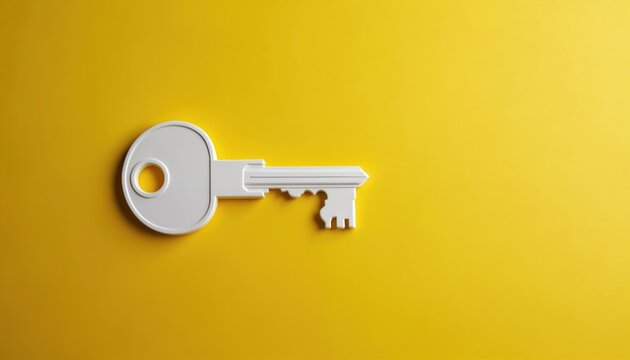 White key against vibrant yellow background represents unlocking success happiness and life solutions. Symbolizes opportunities progress and goal achievement on personal or professional journey.