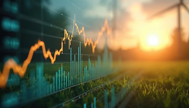 Economic graph shows rising energy prices and costs. Transition to renewable resources like solar and wind power addresses climate change challenges and promotes energy independence. - Powered by Adobe