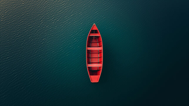 Aerial view of a solitary red canoe adrift on a vast tranquil blue lake under a clear sky creating a serene atmosphere