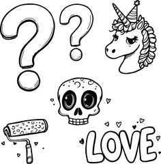 Whimsical Symbolic Icon Grid – Vector Illustration Featuring Unicorn, Skull, Hearts, ‘LOVE’ Typography, Question Marks, and Paint Roller