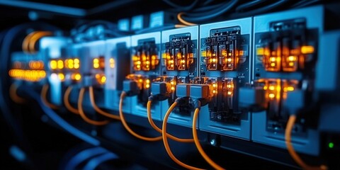 A server rack with glowing lights, showcasing data center technology and modern connectivity.