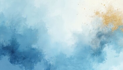 Light blue watercolor background with gold glitter splashes. Soft pastel colors blend smoothly with abstract brush strokes, sparkling accents. Elegant texture suitable for invitations, web design,