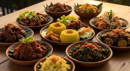 A vibrant spread of Indonesian cuisine, featuring various savory dishes and yellow rice, served in rustic bowls on a wooden table.