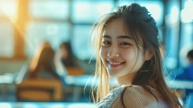 A portrait of a woman with long hair and direct gaze