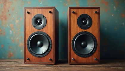 Retro wooden speakers feature dual cone design. Vintage audio equipment with analog sound technology sits on rustic table. Classic stereo system for music listening, home entertainment, retro decor.