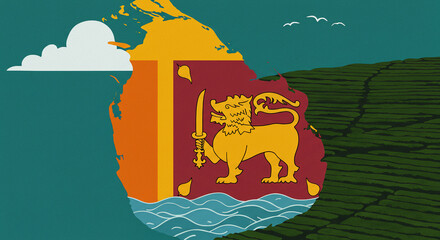 Elegant illustration fusing Sri Lanka’s yellow flag with a lion and vertical stripes into the island-shaped silhouette of the country. Tea plantation textures and ocean waves